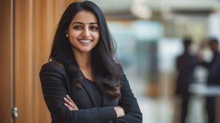 Confident Indian businesswoman in black suit, smiling with arms crossed.
