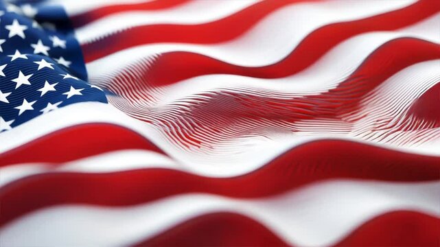 Close view of wavy American flag showing stars and stripes in motion, strong patriotic feeling for American Independence Day, Memorial Day, Veterans Day