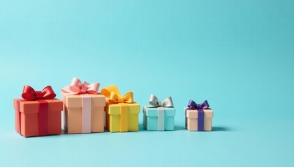 Obraz premium Row of colorful miniature gift boxes on light blue background Ideal banner , pastel, backdrop