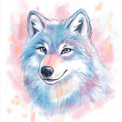 A striking watercolor portrayal of a regal wolf, its intelligent gaze and subtle smile convey both strength and serenity, set against a gentle backdrop.