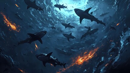 A surreal swarm of sharks swimming in a dark, ominous underwater landscape.
