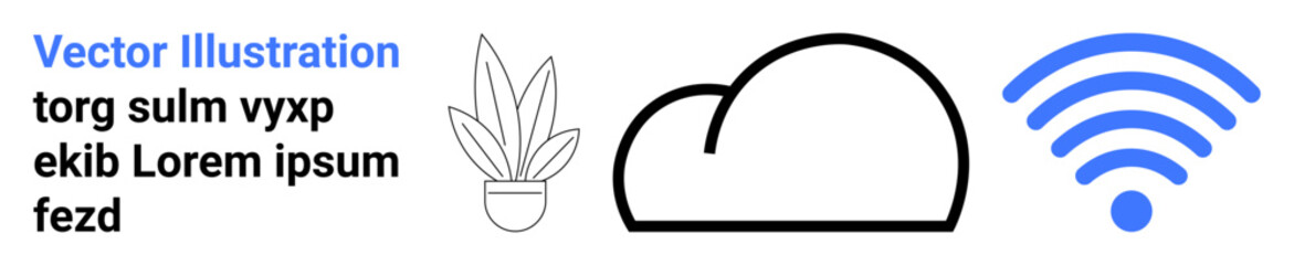Fototapeta premium Black cloud, blue wireless signal bars, and potted plant merge nature with digital connectivity. Ideal for technology, nature, IoT, sustainability, communication, online services flat landing page