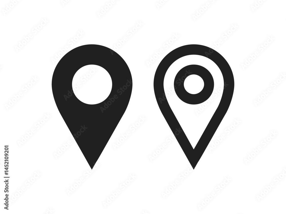 Poster set of black location pin icons. map pointer vector, perfect for navigation and travel applications.