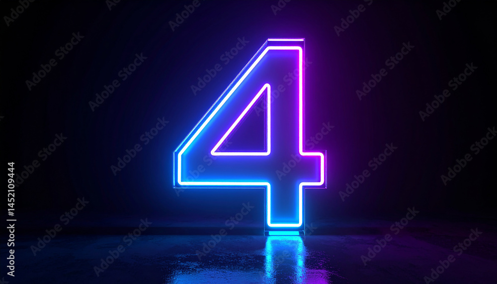 Poster image of glowing neon number 4 four, made from neon light. 3d rendering. dark backdrop.