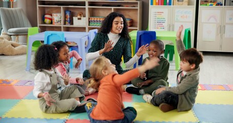 Singing, students and teacher with children in classroom for education, nursery rhyme and creative....