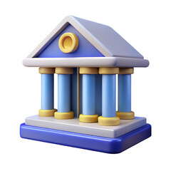 3D Cartoon Bank Building with Blue Columns and Yellow Accents in Playful Toy-Like Design for Financial Education