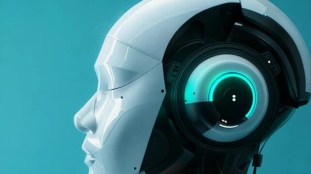 Futuristic Robot Head with Blue Background and High-Tech Design