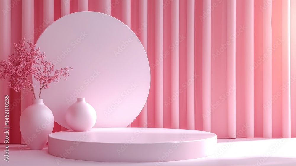 Poster A minimalistic display features a circular podium and soft pink curtains in the background. Elegant white vases and delicate flowers enhance the aesthetic appeal, perfect for product showcases