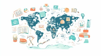 Naklejka premium A world map illustration with symbols of education, travel and communication.