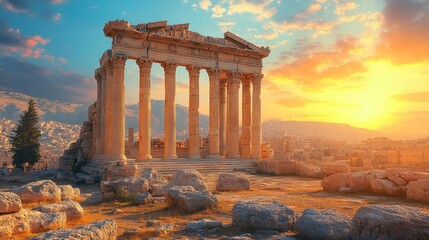 Fototapeta premium Ancient Temple Ruins at Sunset Over Damascus City