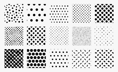 Hand-drawn seamless patterns. Repeating black and white dot patterns. Set of halftone textures.