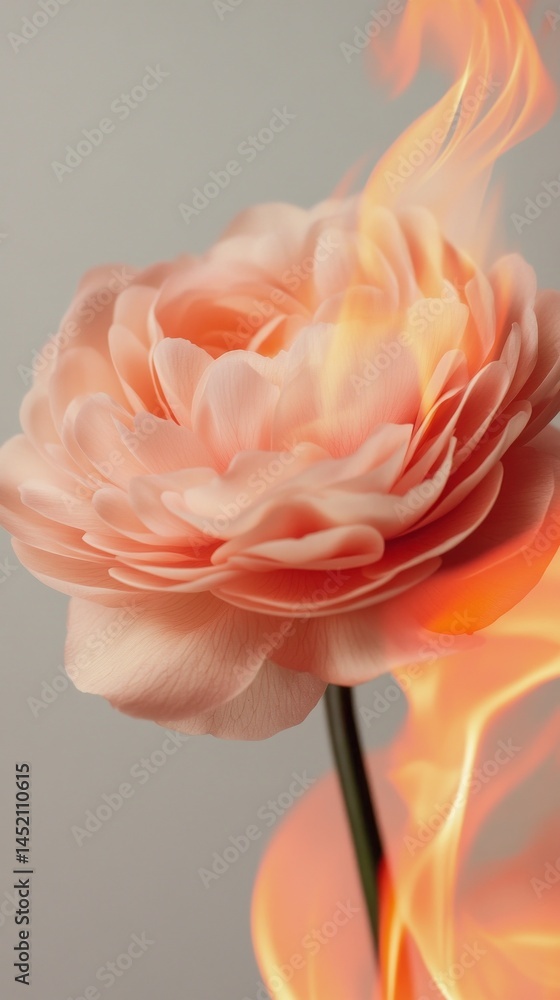 Poster a delicate soft pink ranunculus stands gracefully, surrounded by vibrant flames that add a striking 