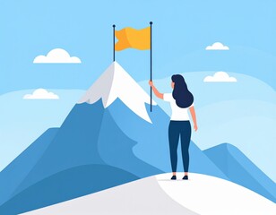 Woman Reaching Peak With Flag On Mountain