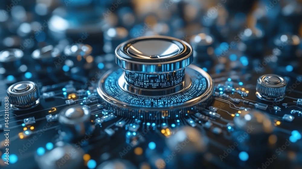 Poster close-up view of a metallic button on a circuit board with glowing elements and technology backgroun