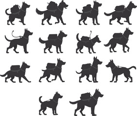 Vector illustration. Set dog carrying a suitcase silhouettes.