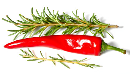 Fototapeta premium Fresh herb rosemary and red chilli pepper isolated on white background. Transparent background and natural transparent shadow; Ingredient, spice for cooking. collection for design. with white shades