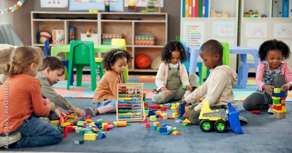 Poster Kids, students and play with blocks in classroom for learning, problem solving and creative activity. Children, toys and floor for education game, puzzle solution and motor growth in kindergarden
