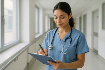 Jeune interne en blouse bleue concentr&eacute;e sur l&rsquo;&eacute;criture de son rapport m&eacute;dical dans un couloir d&rsquo;h&ocirc;pital moderne et lumineux, st&eacute;thoscope autour du cou, ambiance professionnelle.