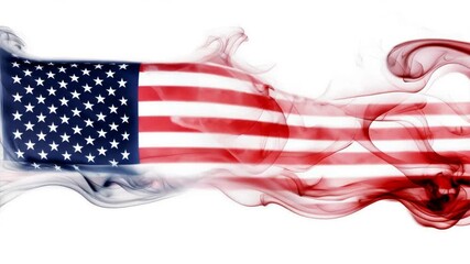 Smoke creates the American flag on a white background, capturing the essence of Memorial Day and American Independence Day celebrations