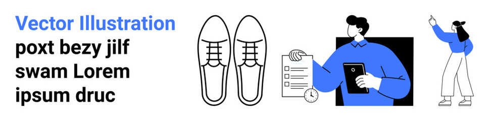 Formal shoes with lace detail, man using a tablet while holding a checklist, and a woman gesturing upwards. Ideal for business, technology, fashion, teamwork, productivity, education simple landing
