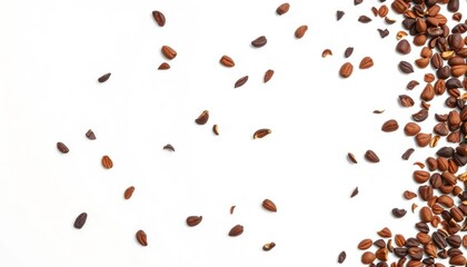 A scattering of raw cacao nibs on a pristine white background, nutrition, cacao nibs