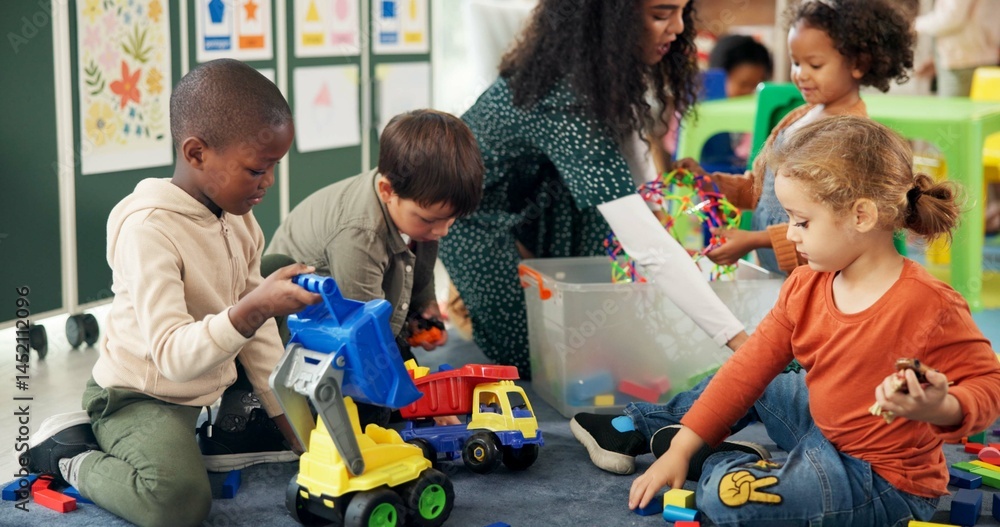 Poster Teacher, kids and play with blocks in classroom for learning, problem solving and creative activity. Woman, children and pack toys for education game, puzzle solution and motor growth in kindergarden