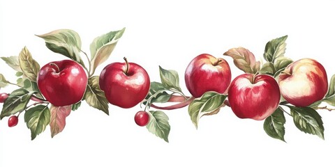 Watercolor apples border with green leaves