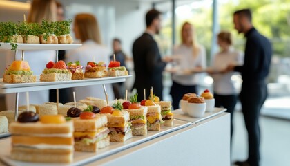 Delicious assorted canapes at corporate event with business people networking