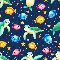 Fototapeta premium seamless underwater pattern with fishes and stars deep blue background 