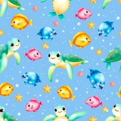 Obraz premium seamless light blue underwater pattern with colorful fishes and turtles 