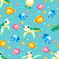 seamless sea pattern with funny fishes, stars and turtles 