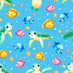 Fototapeta premium seamless pattern with funny sea fishes light blue