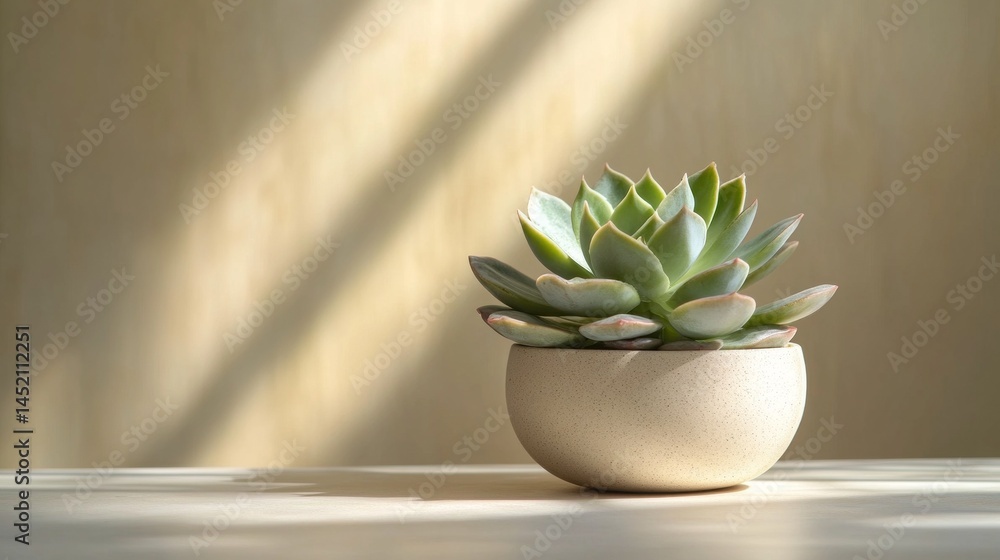 Poster a vibrant succulent thrives in a textured pot, illuminated by soft light casting gentle shadows agai