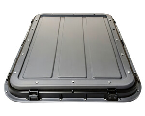 Rugged metal access panel with secure fasteners on a transparent background