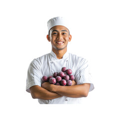 Happy Male Chef Holding Fresh Plums