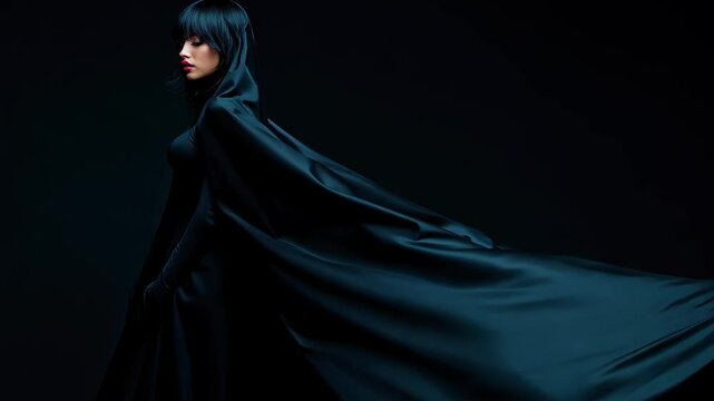 A mysterious woman draped in a dark cloak stands poised against a black backdrop, evoking a sense of intrigue and elegance. The dramatic lighting highlights her graceful silhouette.