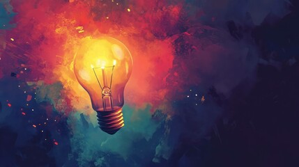 An illuminated lightbulb radiates against a vibrant, abstract background.