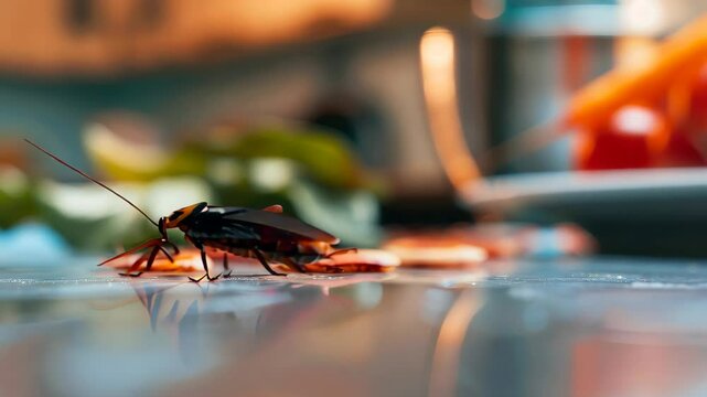 A detailed close-up image of a cockroach crawling on a clean kitchen surface, with colorful vegetables in the background, highlighting household pest challenges.
