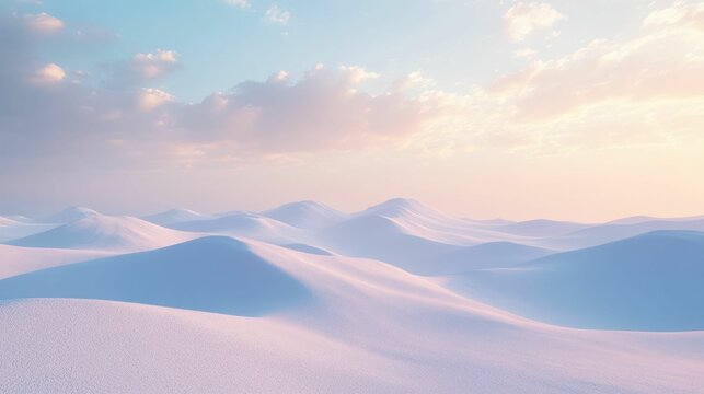 Serene pastel desert landscape with rolling sand dunes and soft light.