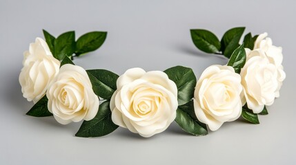 Elegant Isolated white rose flower crown on a soft grey gradient background elegant bridal hairpiece concept 