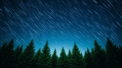 Elegant Long exposure of night sky with radiant meteor trails and star fields above silent forest clearing 