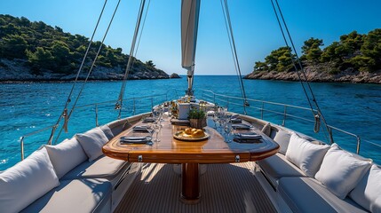 Elegant yacht dining setup in azure waters, an exquisite seafaring adventure