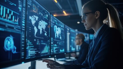 Fototapeta premium Security awareness training and education are depicted with an image showing employees engaged in cybersecurity awareness programs.