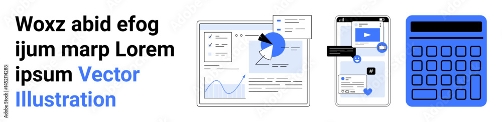 Poster graph analytics, pie chart, user interface mockup, and a blue calculator for data visualization and 