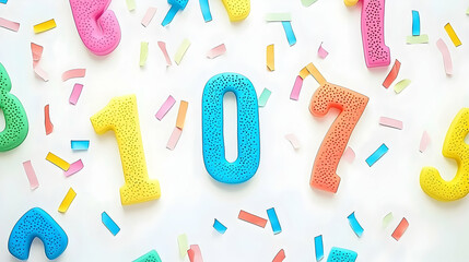 Colorful number 107 with confetti