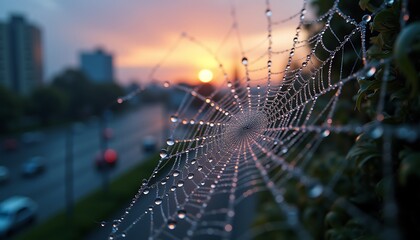 Spiderweb dew drops nature photography morning web sunset city background macro spider web close up detail