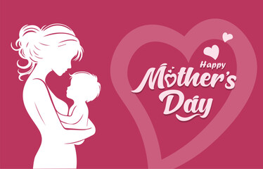 Mother's Day Illustration with Mother and Child, Typography Letters. Pink Landscape Vector illustration Background