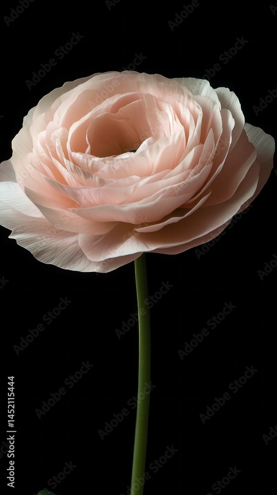 Poster a soft pink ranunculus stands tall with its layered petals visible. the dark background highlights t