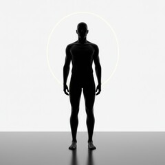 A silhouette of a male figure standing against a bright white background with a circular light source