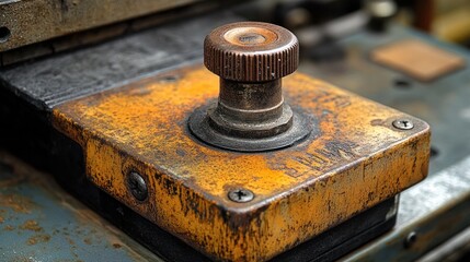 Close-up of rusty, aged industrial machine control knob.